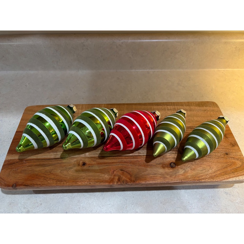 Set of 5 Radko Celebrations Glass Christmas Ornaments 5.5in Red Green Striped